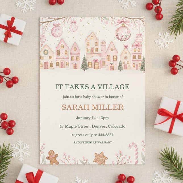 It Takes a Village Baby Shower Invitation Inbjudningar ("pink christmas village")
