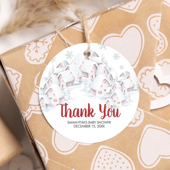 It Takes a Village Baby Shower Round Gåvor Etiketter (It Takes a Village Winter Baby Shower Favor Tags)