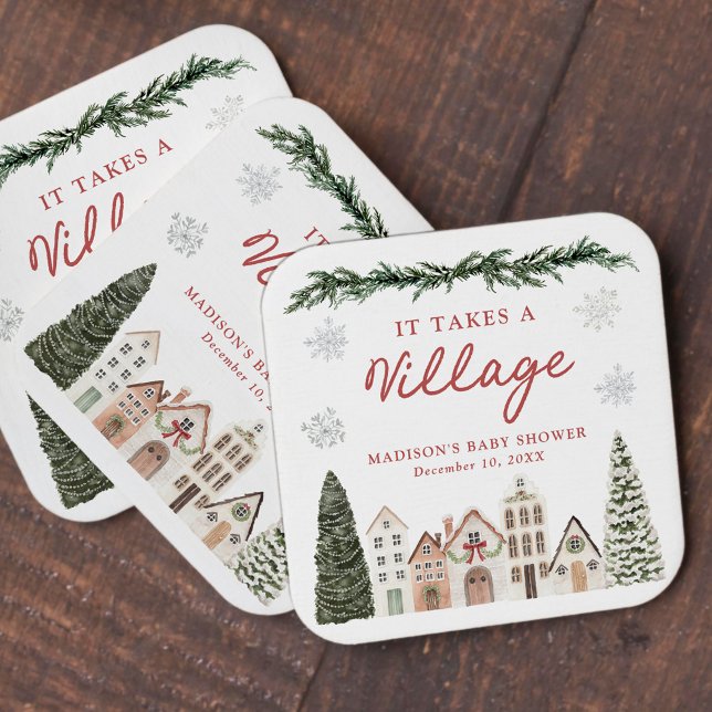 It Takes a Village Snowflake Winter Baby Shower Underlägg Papper Kvadrat (Skapare uppladdad)