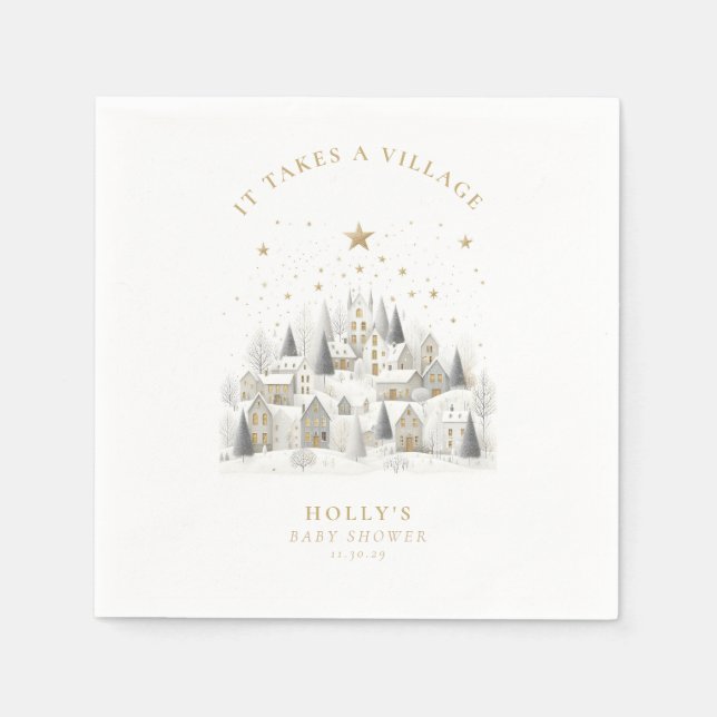 It Takes a Village Snowy Whimsical Baby Shower  Pappersservett (Framsidan)