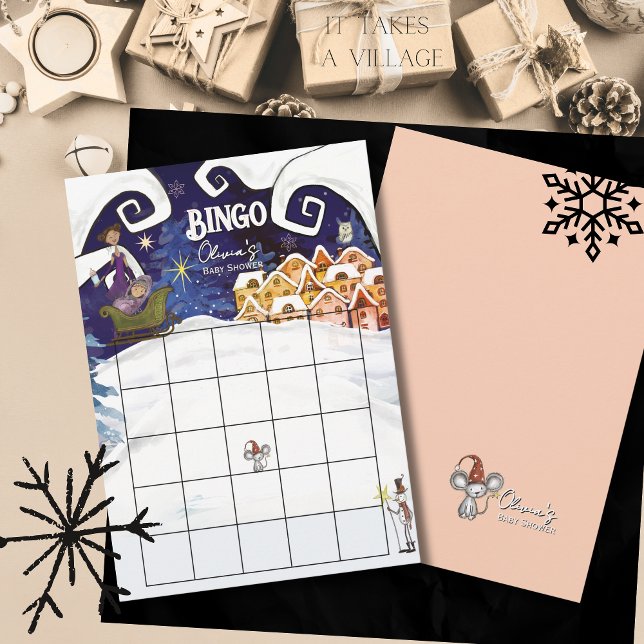 It Takes a Village Winter Girl Baby Shower Bingo Inbjudningar (It Takes a Village Winter Girl Baby Shower Bingo Invitation)