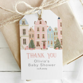 It takes a Village Winter Pink Snow Thank you Presentetikett
