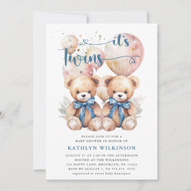 IT-TWILLINGAR Blue Balloons Nalles Baby Shower Inbjudningar (Framsida)