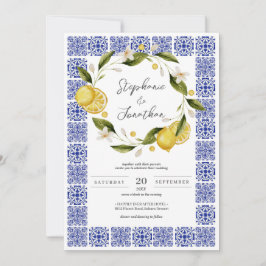 Italia Blue Watercolor Lemon Calligraphy Bröllop Inbjudningar