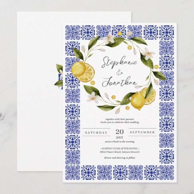 Italia Blue Watercolor Lemon Calligraphy Bröllop Inbjudningar (Fram/baksida)
