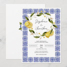 Italia Blue Watercolor Lemon Calligraphy Bröllop Inbjudningar