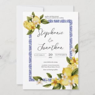 Italia Blue Watercolor Lemon Calligraphy Bröllop Inbjudningar