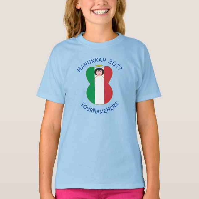 Italian Angel Hanukkah Flag Personalized Girl:s T Shirt (Framsida)