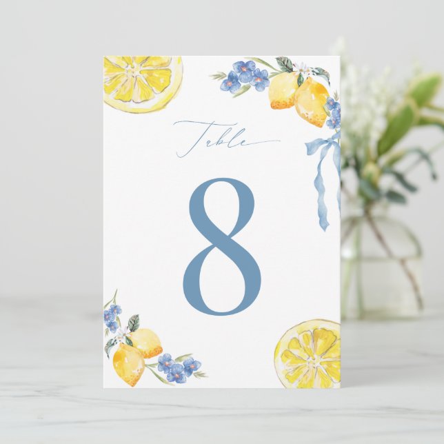 Italian Blue Bow Lemon Wedding 5x7 Table Number Inbjudningar (Stående Fram)