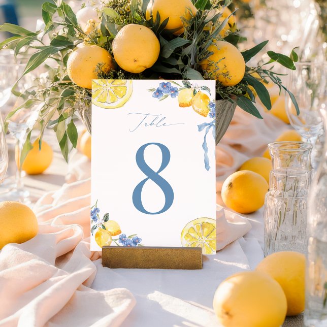 Italian Blue Bow Lemon Wedding 5x7 Table Number Inbjudningar (Skapare uppladdad)