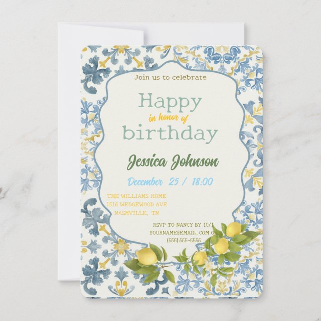 Italian Blue Tile Lemon Invitation Inbjudningar (Framsida)