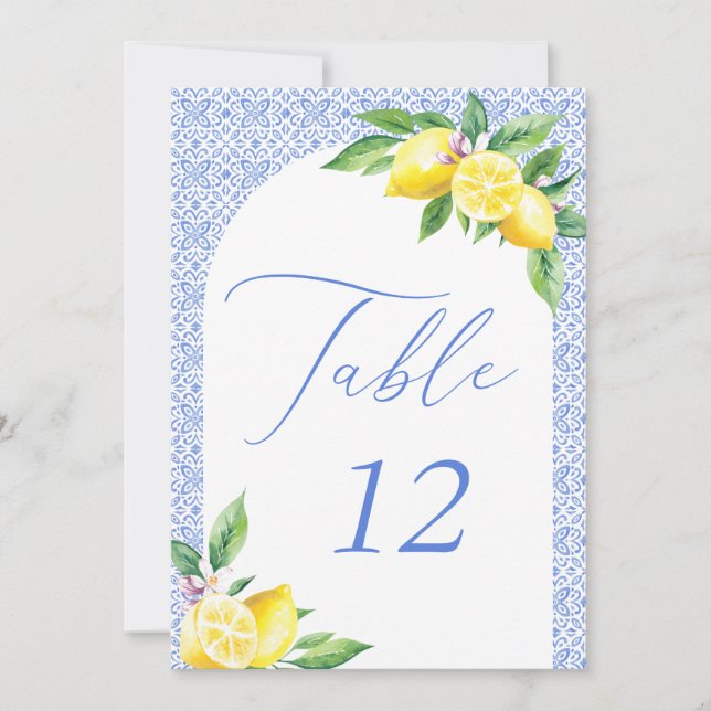 Italian Blue Tile Lemon Positano Table Number Inbjudningar (Framsida)