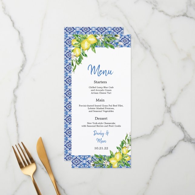 Italian Blue tile Lemon Wedding Reception menu Meny (Fram/Back In Situ)