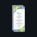 Italian Blue tile Lemon Wedding Reception menu Meny<br><div class="desc">Our Blue Tile Amalfi Coast wedding dinner menu card is perfect for an elegant wedding. The modern rustic yet elegant design features romantic watercolor flowers and lemons in soft tones of yellow , green, and cream white with blue tile accents. This menu can be used for a wedding reception, rehearsal...</div>