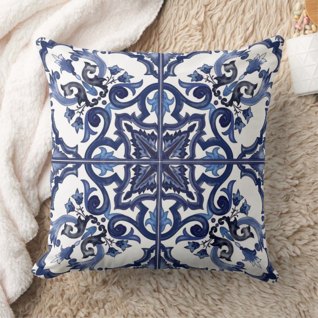 Italian Blue & White Sicilian Majolica Mosaic Kudde (Filt)