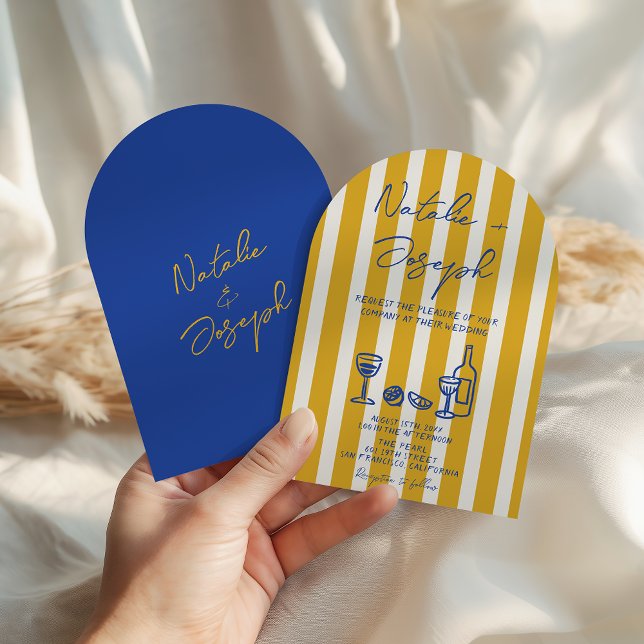 Italian Blue Yellow Hand Written Arched Wedding Inbjudningar (Skapare uppladdad)