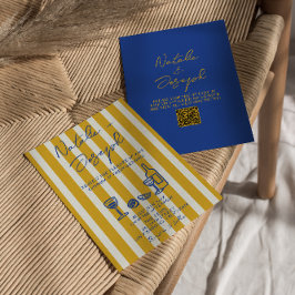 Italian Blue Yellow Hand Written QR Code Wedding Inbjudningar
