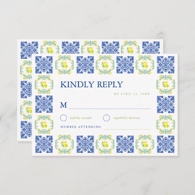 Italian Blue & Yellow Lemon Tile Wedding OSA Kort (Fram/baksida)