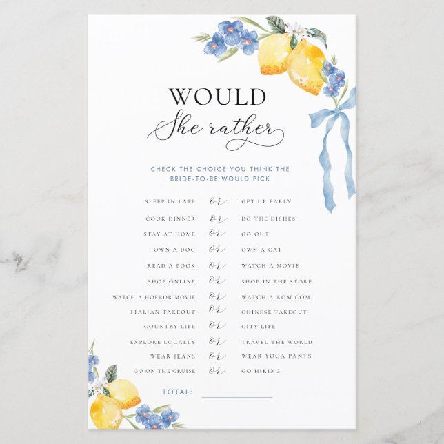 Italian Bow & Lemons Bridal Would She Rather Game (Framsida)