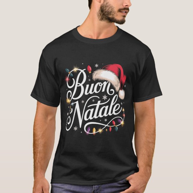 Italian Family Christmas Lights Red Santa Hat Buon T Shirt (Framsida)