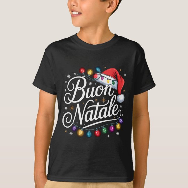 Italian Family Christmas Lights Red Santa Hat Buon T Shirt (Framsida)