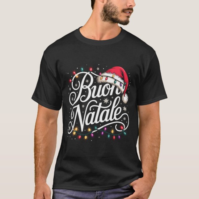 Italian Family Christmas Lights Red Santa Hat Buon T Shirt (Framsida)