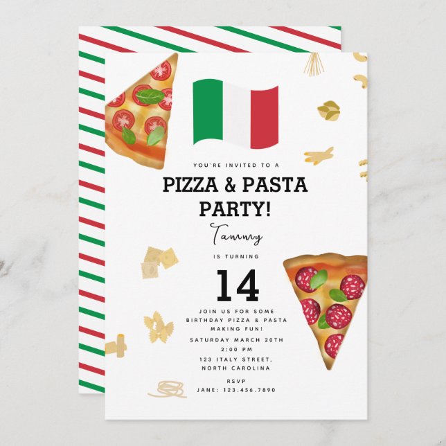 Italian Food Pizza & Pasta Making Birthday Party Inbjudningar (Fram/baksida)