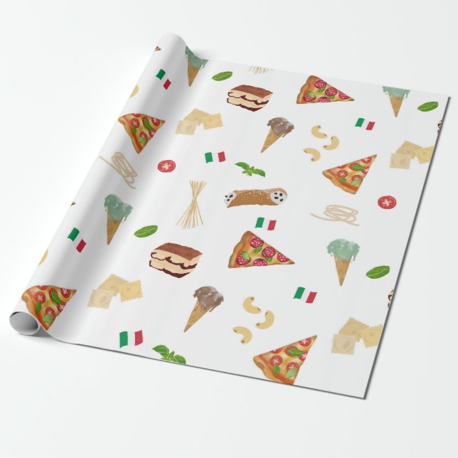 Italian Food Pizza Pasta Tiramisu Pattern Presentpapper (Utrullad)