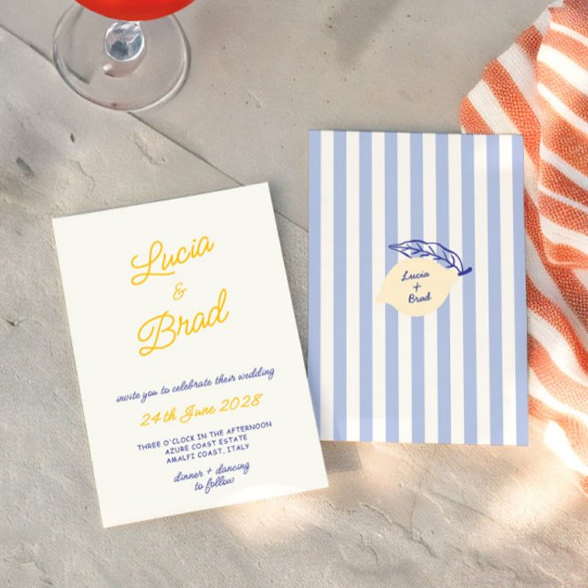 Italian Hand Written Yellow & Blue Stripes Wedding Inbjudningar (Italian Hand Written Yellow & Blue Stripes Wedding Invitation)