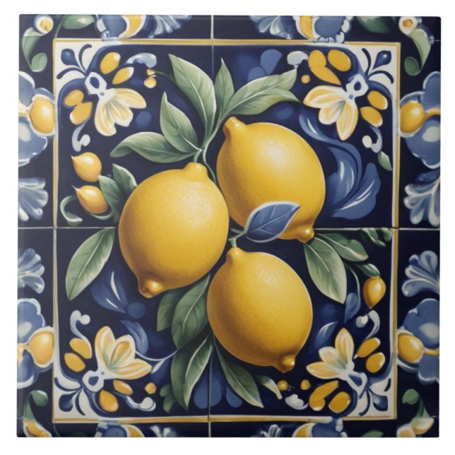 Italian Lemon Folk Art Dark Navy Blue Folksy Kakelplatta (Framsidan)