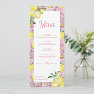 Italian Lemon Menu Card Pink Yellow Bridal Shower Meny