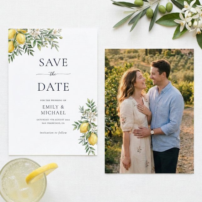 Italian Lemon Save The Date With Photo Flat Card Spara Datumet (Skapare uppladdad)