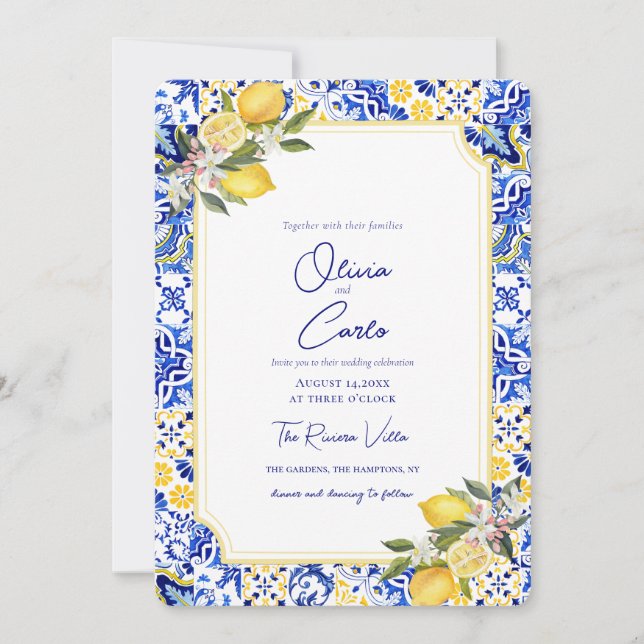Italian Mediterranean Tile Lemon Wedding Julkort (Framsida)