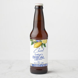 Italian Mosaic Blue Tile & Lemons Bridal Shower Ölflaska Etikett