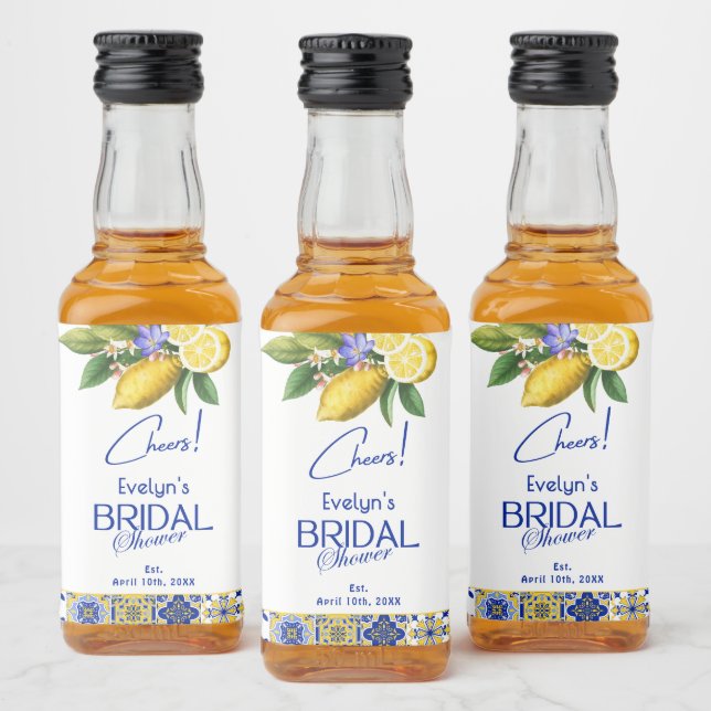 Italian Mosaic Blue Tile & Lemons Bridal Shower Spritflaskor Etikett (Flaskor)