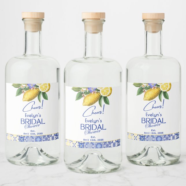 Italian Mosaic Blue Tile & Lemons Bridal Shower Spritflaskor Etikett (Flaskor)