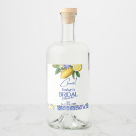 Italian Mosaic Blue Tile & Lemons Bridal Shower Spritflaskor Etikett