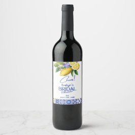Italian Mosaic Blue Tile & Lemons Bridal Shower Vinflaska Etikett