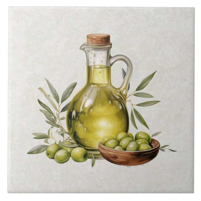 Italian Rustic Tuscany Olive Oil Bottle Watercolor Kakelplatta (Framsidan)