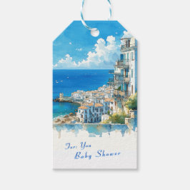 Italian Seaside Town Watercolor Baby Shower Favor Presentetikett