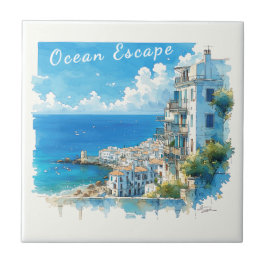 Italian Seaside Town Watercolor Ocean Escape Kakelplatta