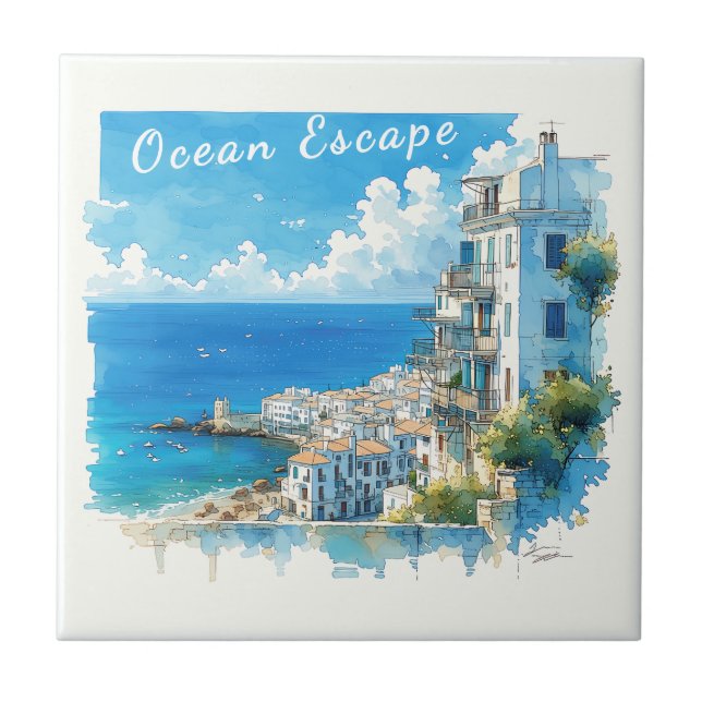 Italian Seaside Town Watercolor Ocean Escape Kakelplatta (Framsidan)