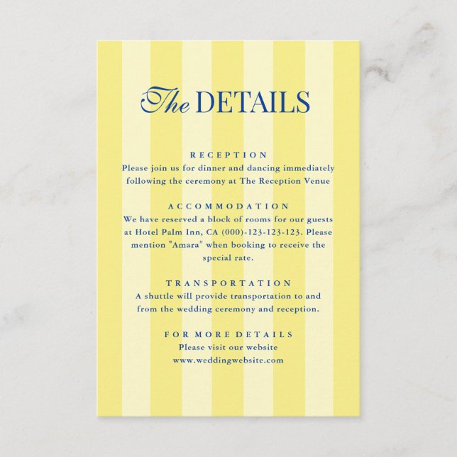 Italian Striped Blue & Yellow Wedding Details Tilläggskort (Framsida)