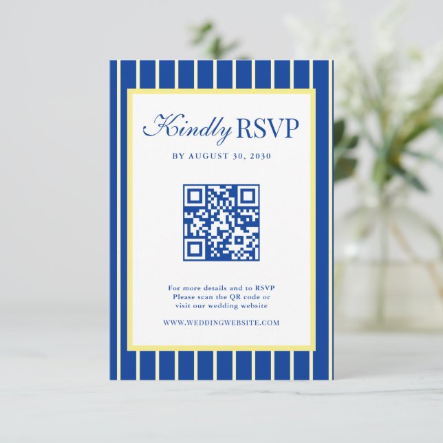 Italian Striped Blue & Yellow Wedding QR Code OSA Kort (Stående Fram)