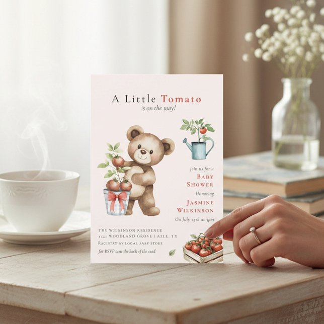 Italian Theme Teddy Bear Tomato Baby Shower QR Inbjudningar (Skapare uppladdad)