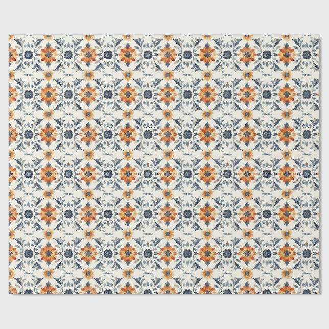 Italian Tile Gift Wrap, Terracotta Blue Pattern Presentpapper (Platt)