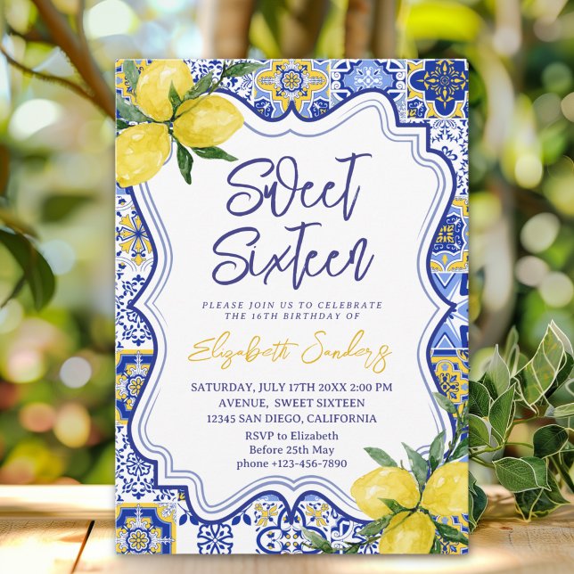  Italian watercolor tiles with lemon Sweet Sixteen Inbjudningar (Skapare uppladdad)