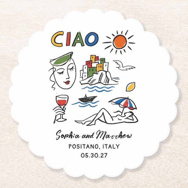 Italian Wedding Hand Drawn Amalfi Coast Modern  Underlägg Papper (Framsida)