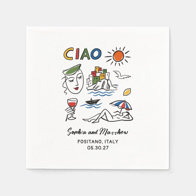 Italian Wedding Whimsical Hand Drawn Amalfi Coast  Pappersservett (Framsidan)