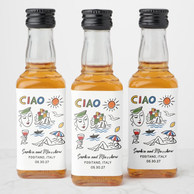 Italian Wedding Whimsical Hand Drawn Amalfi Coast  Spritflaskor Etikett (Flaskor)